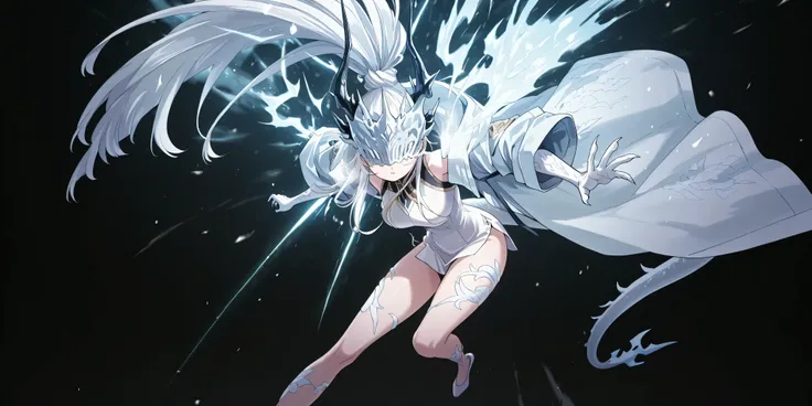 Alone, 1 girl, white energy hair, hairstyle like Reed the Flame Shadow from Arknights, tied in a long ponytail, eyes covered by a silver mask with the same design as the Frost Queen's mask from Return of the Frozen Player, perfect , student, young characte...