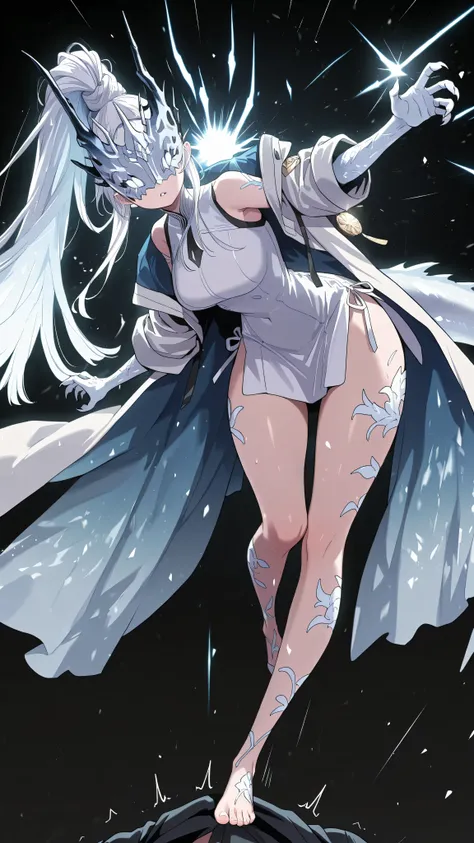 Alone, 1 girl, white energy hair, hairstyle like Reed the Flame Shadow from Arknights, tied in a long ponytail, eyes covered by a silver mask with the same design as the Frost Queen's mask from Return of the Frozen Player, perfect , student, young characte...