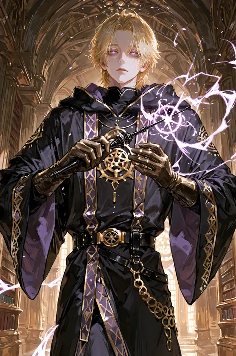 8k, beautiful masterpiece, looking ahead, alone, pale skin, Perfect Eyes shape, Athletic Build, ((He wears: long black robe with very wide sleeves and hood down, elegant black with purple accents wizard clothing, black belt with golden buckle, golden Eye o...
