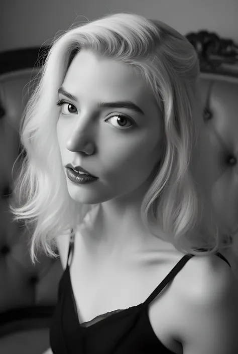 A close-up portrait in classic black and white format, featuring a young lady with elegantly styled white hair and cascading gently. The soft lighting brings out the silky texture and shine of the curls, creating a delicate halo effect. Her long hair trans...