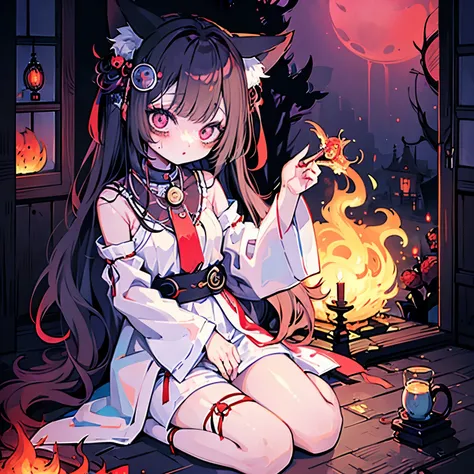 masterpiece、A shrine maiden impersonated by a fox、Fox ears, tail, and legs 、bewitching atmosphere、shrine、Psychedelic、