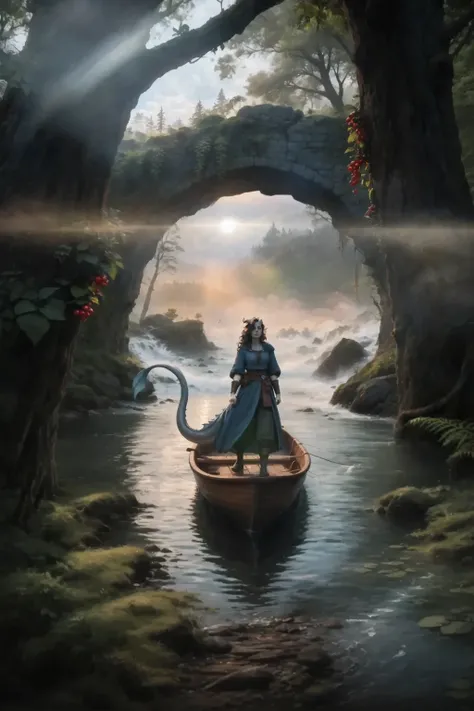 Side view from the shore through the thick trunks of sprawling trees standing on the shore. An arch of stone and vines above the water. closed composition in front, the sloping trees formed an arch. A plant with bright red berries and rich green fern leave...