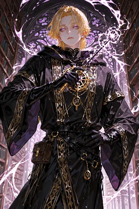 8k, beautiful masterpiece, looking ahead, alone, pale skin, Perfect Eyes shape, Athletic Build, ((He wears: long black robe with very wide sleeves and hood down, elegant black with purple accents wizard clothing, black belt with golden buckle, pouches and ...