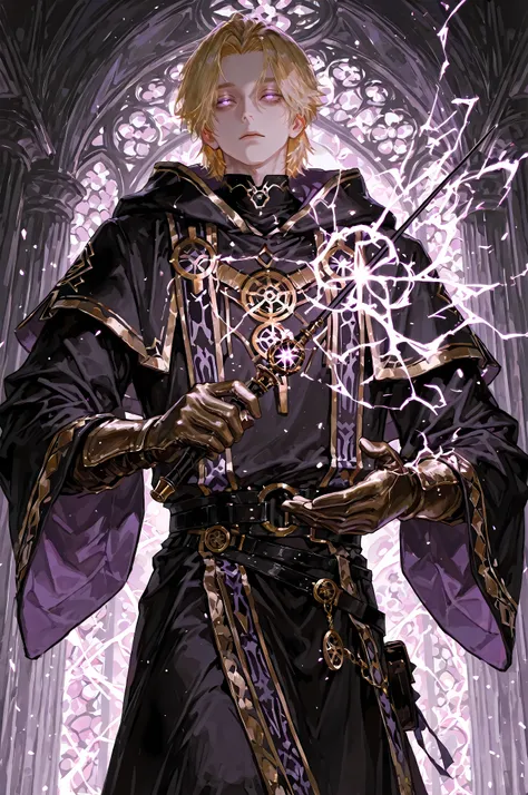 8k, beautiful masterpiece, looking ahead, alone, pale skin, Perfect Eyes shape, Athletic Build, ((He wears: long black robe with very wide sleeves and hood down, elegant black with purple accents wizard clothing, black belt with golden buckle, pouches and ...