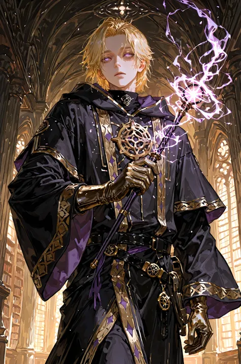 8k, beautiful masterpiece, looking ahead, alone, pale skin, Perfect Eyes shape, Athletic Build, ((He wears: long black robe with very wide sleeves and hood down, elegant black with purple accents wizard clothing, black belt with golden buckle, pouches and ...