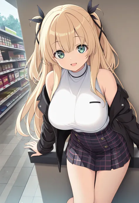 masterpiece, best quality, highres, scenery, newest, 1girl, official style, ren, blonde hair, green eyes, two side up, hair_ribbon, white shirt, plaid skirt, black jackets, five fingers, looking at viewer, smile, open mouth, on wall, store, fully shoulder...