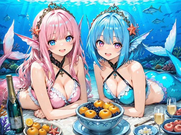 ((masterpiece:1.4, best quality)), ((masterpiece, best quality)),high resolution,2 girls,mermaid girl,home party,Underwater, fish swimming on a coral reef,happy smile,open mouth,beautiful eyes,(champagne bottles on the table),fruit bowl on the table,pink h...