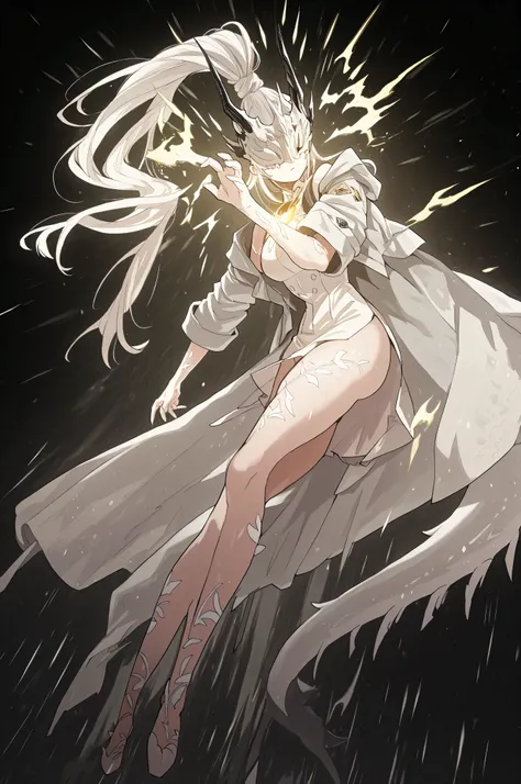 sozinho, 1 garota, cabelo de energia branca, hairstyle like Reed the Flame Shadow from arknights, preso em um longo rabo de cavalo, olhos cobertos por uma máscara prateada com o mesmo design da máscara da Rainha do Gelo de Return of the Frozen Player, perf...