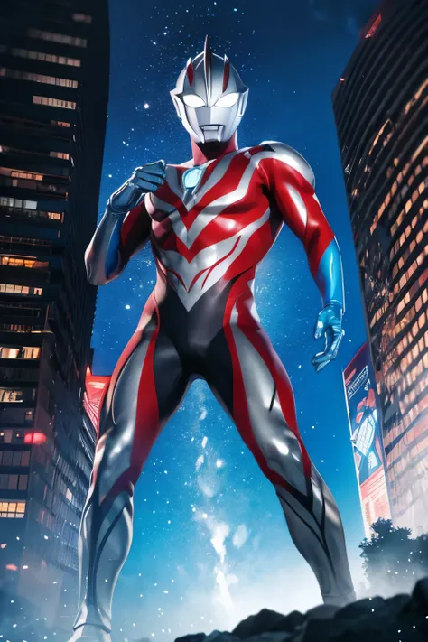 Ultraman, futuristic Ultraman warrior, sleek cybernetic armor design, crystalline core in chest, metallic silver, red and neon blue color scheme, a pattern (red, blue and black) on the suit, dynamic pose, muscular humanoid form (Slim athletic build), glowi...