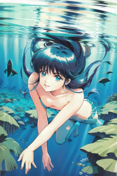 micro bikini swimsuit，can you draw a woman swimming in the ocean，Dive through bright deep water，there are dolphins，I have a small fish， play with fish，a lovely smiling woman in a micro bikini is swimming， Long Hair, I wonder if I can draw a more delicate e...