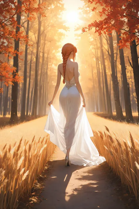 masterpiece, best quality, ultra-detailed, award-winning photorealistic landscape photography. A vast blood-red wheat field reaching knee-height, with oak and maple trees in the background, autumn leaves scattered, and a misty forest behind. Golden hour su...