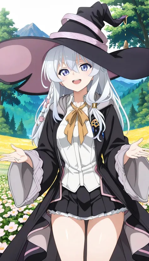 {{{masterpiece}}}, (best quality:1.5), (ultra-detailed:1.5), {illustration}, {{an extremely delicate and beautiful}}, (beautiful detailed eyes:1.6), absurdres, highres, extremely detailed face, 16k, hd, visual anime de uma jovem mulher, extremamente bonito rosto de anime, anime melhor garota, (perfect hands, perfect anatomy), (five fingers:1.1), anime face, elaina (majo no tabitabi), witch, 1girl, solo, cute face, long hair, white hair, ahoge, hair between eyes, sidelocks, pink bow, single braid, ribbon on braid, yellow hair clip, blue eyes, medium breasts, big hips, curvaceous, BREAK, witch hat, black headwear, white shirt, long shirt, (shirt tuck out:1.3), collared shirt, (wizard robe:1.3), (long robe:1.2), black robe, hooded robe, open robe, long sleeves, wide sleeves, yellow ribbon tie, brooch, black skirt, pleated skirt, (mini skirt:1.5), (white petticoat:1.2), bare legs, black footwear, witch shoes, BREAK, smiling, looking at viewer, open mouth, flushed cheeks, flash effect, outdoor, mountain, daytime, forest, flower garden, field, sunshine, peer in from below