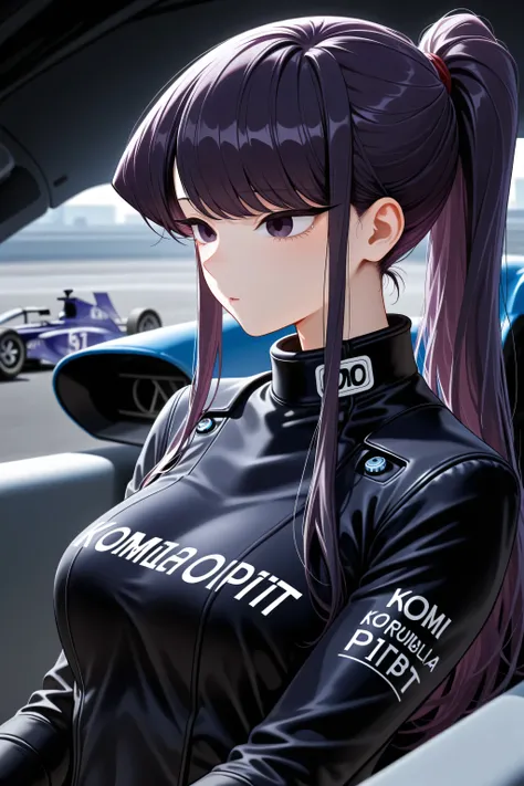 {best quality}, {very aesthetic}, {ultra-detailed}, {best illustration},Komi Shouko, long hair, purple hair, purple eyes, ponytail,Formula-1 pit bebe Uniform,
