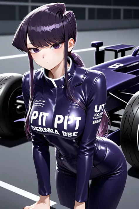 {best quality}, {very aesthetic}, {ultra-detailed}, {best illustration},Komi Shouko, long hair, purple hair, purple eyes, ponytail,Formula-1 pit bebe Uniform,