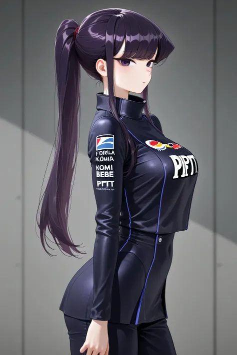 best quality}, {very aesthetic}, {ultra-detailed}, {best illustration},Komi Shouko, long hair, purple hair, purple eyes, ponytail,Formula-1 pit bebe Uniform,