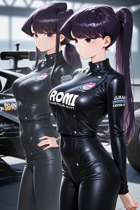 best quality}, {very aesthetic}, {ultra-detailed}, {best illustration},Komi Shouko, long hair, purple hair, purple eyes, ponytail,Formula-1 pit bebe Uniform,