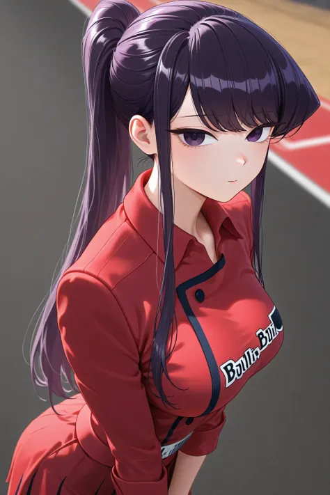 best quality}, {very aesthetic}, {ultra-detailed}, {best illustration},Komi Shouko, long hair, purple hair, purple eyes, ponytail,Formula-1 Red BullUniform,