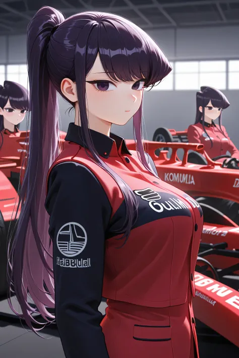 best quality}, {very aesthetic}, {ultra-detailed}, {best illustration},Komi Shouko, long hair, purple hair, purple eyes, ponytail,Formula-1 Red BullUniform,