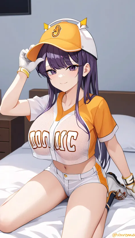 score_9, score_8_up, score_7_up, source_anime, rating_explicit,
BREAK
1girl, solo, Komi Shouko,
tovbse, long hair, purple eyes, purple hair, headgear, huge breasts,
baseball cap, baseball uniform, crop top, crop top overhang, short sleeves, white gloves...
