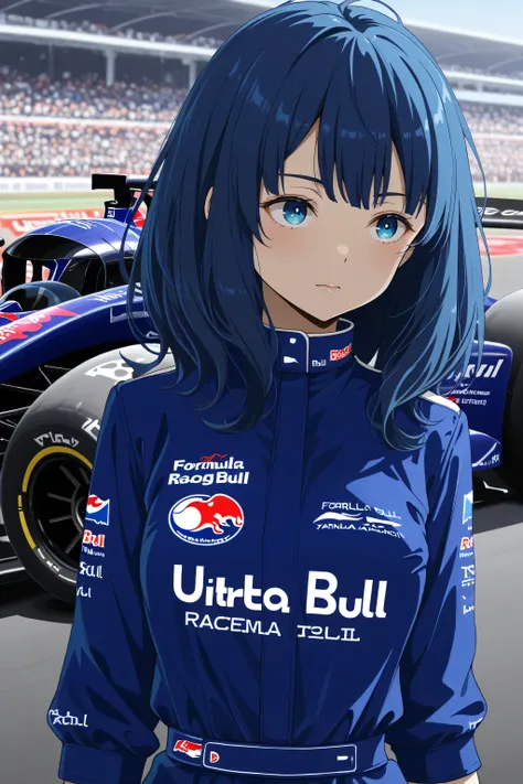 {best quality}, {very aesthetic}, {ultra-detailed}, {best illustration},yanamianna,medium hair,blue hair,blue eyes,Formula-1 Red Bull Racing Uniform, helmet