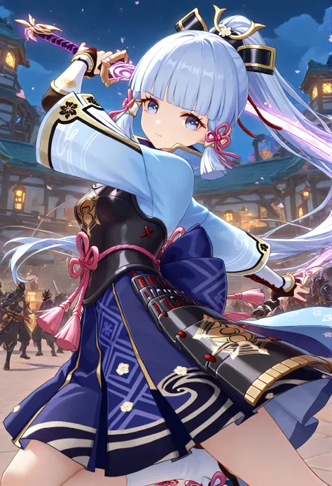 are surrounded by several enemies, Multiple roles, 1 girl, From_Kamisato Ayaka\( Genshin\),skirt,skirt,Lace, Dynamic fighting, outdoor, highly detailed, High Contrast, ray tracing,  best lighting , Cinematic Composition,  Pretty faces ,Beautiful Binocular,...