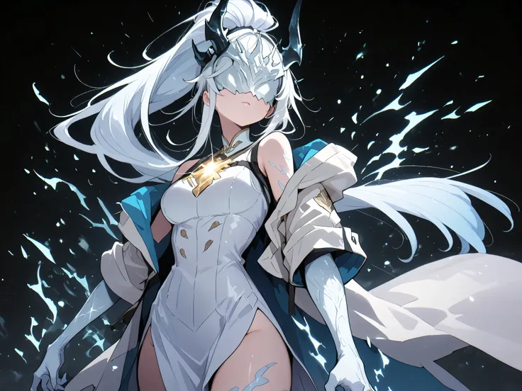 Alone, 1 girl, white energy hair, hairstyle like Reed the Flame Shadow from Arknights, tied in a long ponytail, eyes covered by a silver mask with the same design as the Ice Queen's mask from Return of the Frozen Player, perfect, student, young character, ...