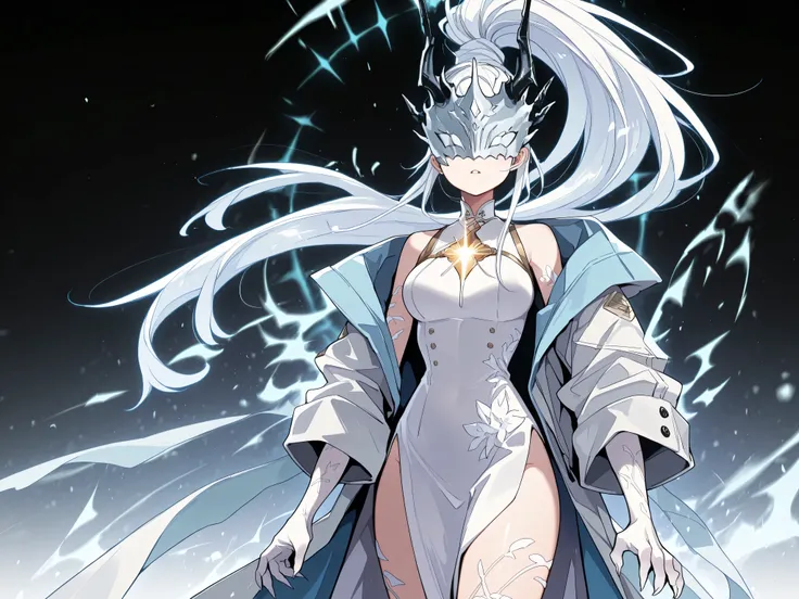 Alone, 1 girl, white energy hair, hairstyle like Reed the Flame Shadow from Arknights, tied in a long ponytail, eyes covered by a silver mask with the same design as the Ice Queen's mask from Return of the Frozen Player, perfect, student, young character, ...