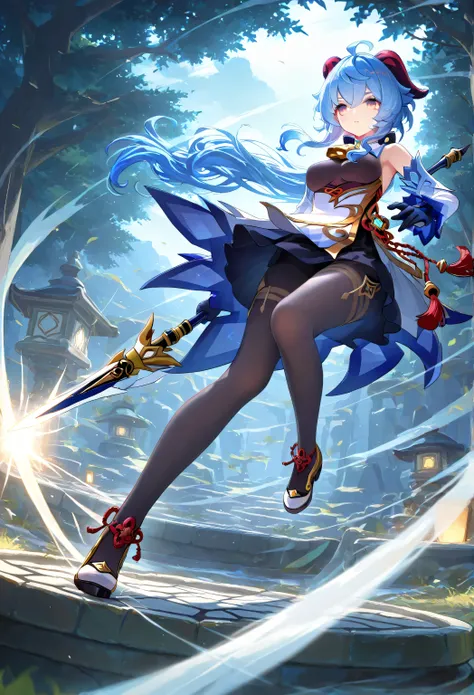 1 girl, From_Ganyu\( Genshin\),skirt,skirt,Lace, Dynamic fighting, outdoor, highly detailed, High Contrast, ray tracing, best lighting , Cinematic Composition, Pretty faces ,best quality, Very beautiful, Ultra High Resolution, detailed background, comics...