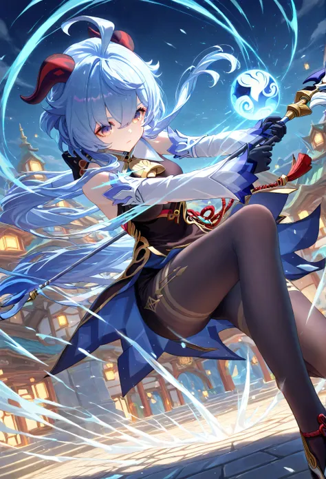 1 girl, From_Ganyu\( Genshin\),skirt,skirt,Lace, Dynamic fighting, outdoor, highly detailed, High Contrast, ray tracing, best lighting , Cinematic Composition, Pretty faces ,best quality, Very beautiful, Ultra High Resolution, detailed background, comics...