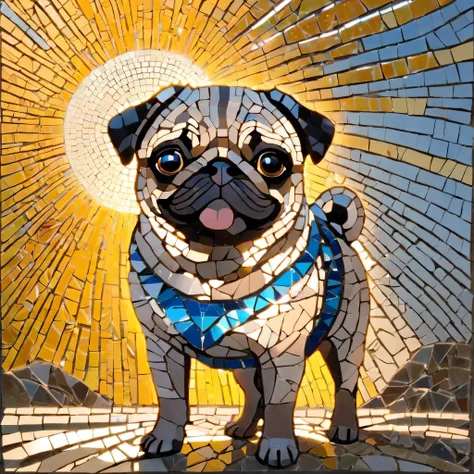 Portrait of a child pug Adventurer ,Radiant Mosaic :1.2, Capturing the Sun:0.8, inject warmth and energy into the space like shards of glass:0.4 Flash and Dance.
