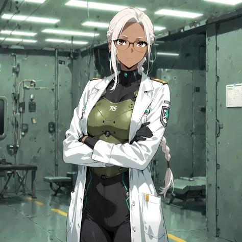 masterpiece , best quality , 1female , adult , dark skin , beautiful , solo , long white hair , braided hair , beautiful vibrant brown eyes , green and white armor , black bodysuit , white lab coat , relaxed expression , standing still , glasses , arms cro...
