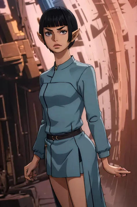fullbody fullframe wanostyle best quality,female vulcan, teenager, black hair, bobcut, 
pointed ears
pointed eyebrows
blunt bangs