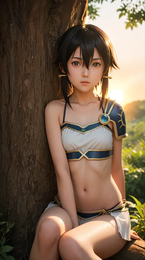1girl, solo,asada shino,black eyes,black hair,hair between eyes, short,outdoors,potrait,small breast,nature,sitting under tree,wear bikini armor,sidelocks,(sunset lighting:1.5),sunset,looking at viewer, front view,close up
