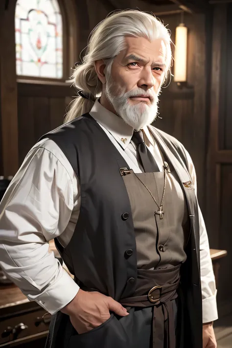 (((1 man 75 years old))), photorealistic, anime character with long white hair tied on the back, super long white beard, wrinkles on face, badass anime 8k, detailed digital anime art, human male demon, portrait of hades, fierce expression 4k, perfect eyes,...