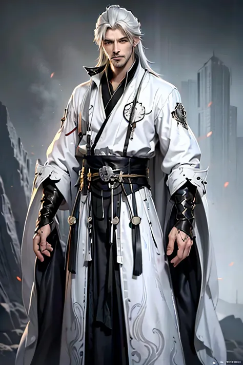 (((1 man 75 years old))), photorealistic, anime character with long white hair tied on the back, super long white beard, wrinkles on face, badass anime 8k, detailed digital anime art, human male demon, portrait of hades, fierce expression 4k, perfect eyes,...