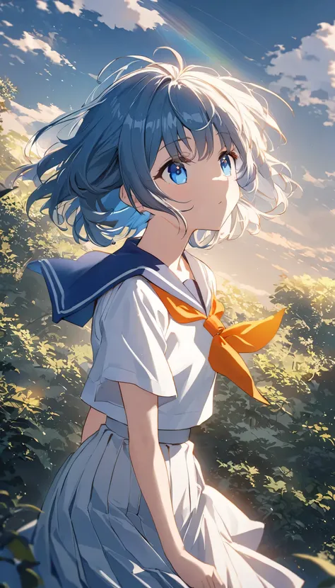 A vivid anime depiction of a girl with casual hair and striking blue eyes. Wearing a classic Japanese school uniform, featuring a blue sailor blouse and an orange neckerchief, she gazes into a sprawling sky. The background is alive with soft clouds and rad...
