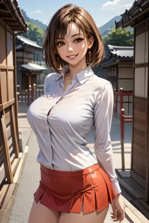 (1. The Ultimate Beauty), Very detailed face, beautiful brown eyes, Double eyelids, eyelash, grin, Slightly thick detailed lip, Black Short Hair, (Light purple blouse:1.2), (Red tight mini skirt:1.4), (big breasts), A gentle smile, Thighs, Perfect lighting...