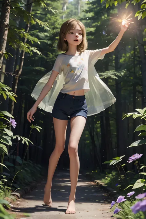 Astrid, skinny teen, busto pequeño, slender legs, short short, transparent blouse, arms extended, full body, a lot of wind, forest, Glowing flowers, milky way,
