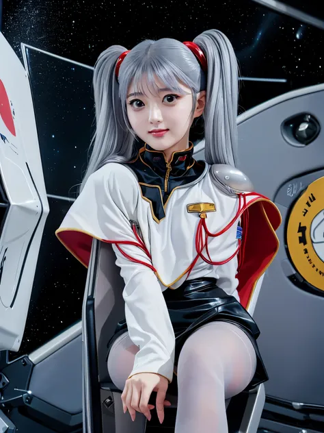 1girl, solo, 18 years old, beautiful girl, Japanese girl, (smile, Looking at camera),
(from below:1.2),from side , upper body, (Straddling a chair, Spread legs:1.3, Seductive pose, sexy pose), dynamic angle,
BREAK
bbruri, {white capelet, long sleeves, whi...