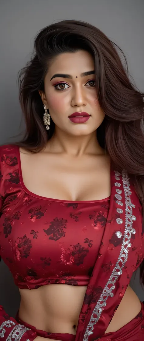perfect pink eyes, fantastic face, Indian, beautiful look, ((red lips, bright eyes, curve heir 1.5)), ((beautiful details very big breast )), (Straight round and ultra huge clevage, not sagging breast), A glorious gorgeous, glorious gorgeous face, pretty f...