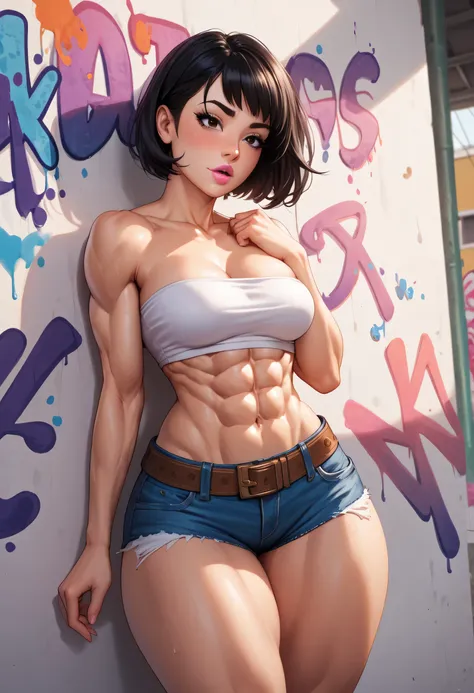 (Perfect Face, Perfect Body), Black Hair, Short Bob Hair, Black Thin Eyebrows, Dark Brown Eyes, Black Eyelashes, Black Eyeliners, Purple Eyeshadows, Nose, Blushing, Pink Lips, (Orgasmic Face), Collarbone, Cleavage, (Medium Breasts, Perfect Breasts), (Weari...