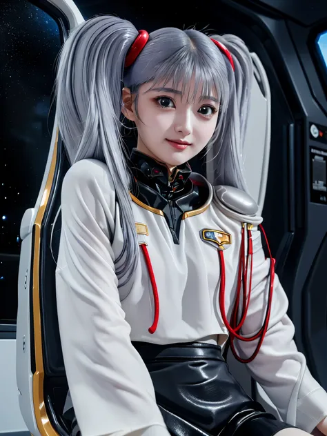 1girl, solo, 18 years old, beautiful girl, Japanese girl, (smile, Looking at camera),
from below, from side, upper body, (Straddling a chair, Spread legs, Seductive pose, sexy pose), dynamic angle,
BREAK
bbruri, {white capelet, long sleeves, white gloves,...