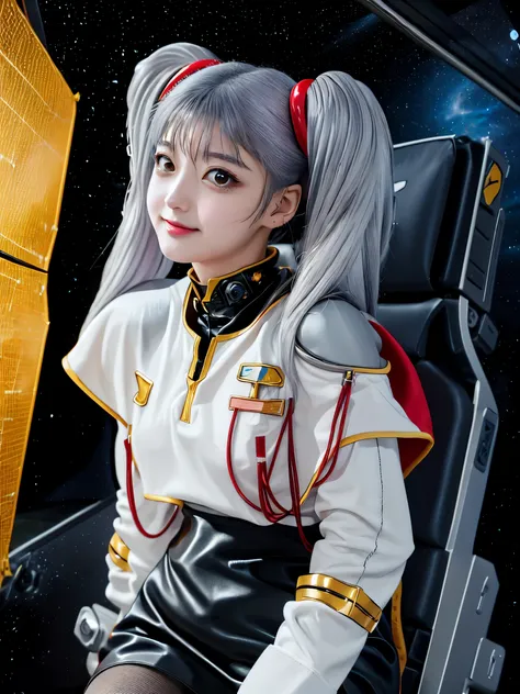 1girl, solo, 18 years old, beautiful girl, Japanese girl, (smile, Looking at camera),
from below, from side, upper body, (Straddling a chair, Spread legs, Seductive pose, sexy pose), dynamic angle,
BREAK
bbruri, {white capelet, long sleeves, white gloves,...