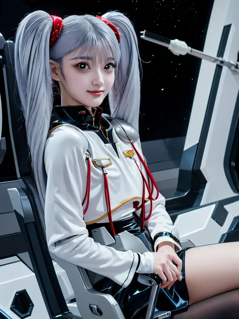 1girl, solo, 18 years old, beautiful girl, Japanese girl, (smile, Looking at camera),
from side, upper body, (Straddling a chair, Spread legs, Seductive pose, sexy pose), dynamic angle,
BREAK
bbruri, {white capelet, long sleeves, white gloves, ((black min...