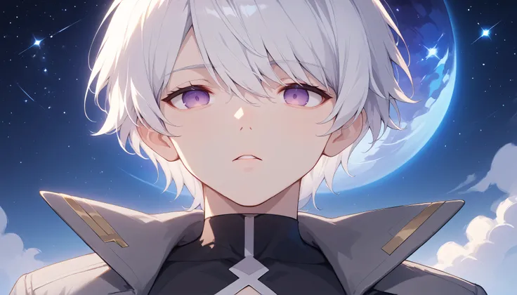 Check Description, ultra-detailed,(best quality),((masterpiece)),(highres),original,extremely, 1boy, cool, Adult male,  male college student, white hair, purple eyes,grey coat,　　black inner shirt,　 frontal face,　 portrait,　empty eyes, expressionless,  (neb...