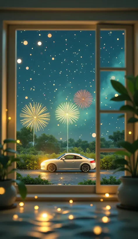 Scenery Seen Through a Window,Windowside with fireworks visible、high quality realistic 3d rendering,precise texture,Sparkling night view,Deep Colors,sophisticated composition,Charming Atmosphere,fine detail,Exquisite Bokeh ,Masterpiece,car,Lots of firework...