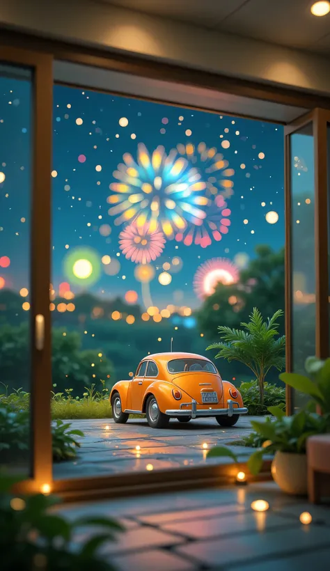 Scenery Seen Through a Window,Windowside with fireworks visible、high quality realistic 3d rendering,precise texture,Sparkling night view,Deep Colors,sophisticated composition,Charming Atmosphere,fine detail,Exquisite Bokeh ,Masterpiece,car,Lots of firework...
