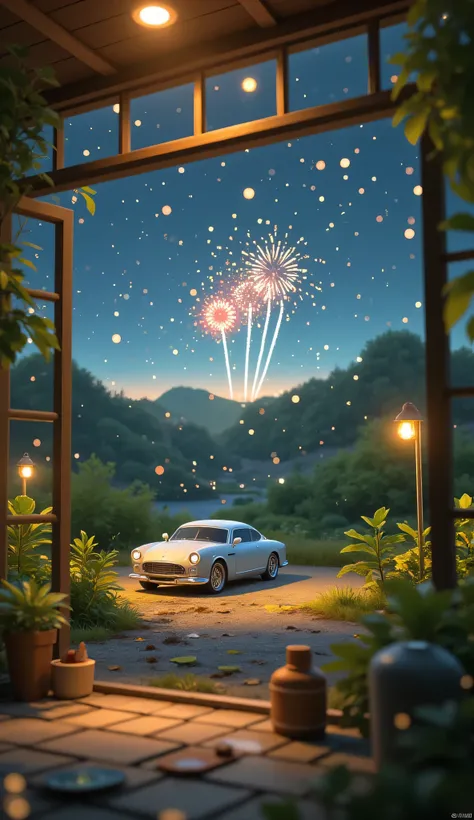 Scenery Seen Through a Window,Windowside with fireworks visible、high quality realistic 3d rendering,precise texture,Sparkling night view,Deep Colors,sophisticated composition,Charming Atmosphere,fine detail,Exquisite Bokeh ,Masterpiece,car,Lots of firework...