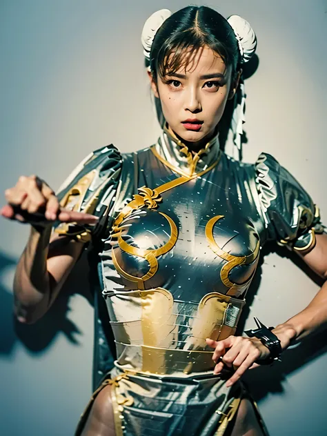 Decisive Pose, battle pose, cool, Chun Li (Silver Costume), Hyper real, Photo real, masterpiece, 8K, high image quality, Please draw the details of the face and body and costume accurately, looking at the viewer, serious expression