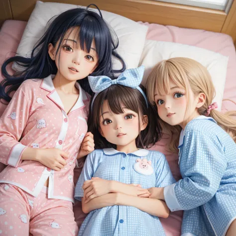 Girls' Sleepover Party♡、((3 girls))The girls are all in pajamas、3 girlsたちは恋バナで盛り上がっている、
